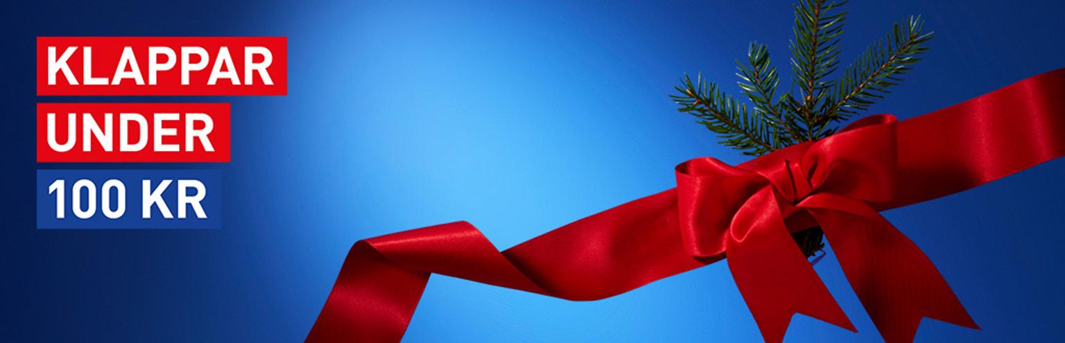 Text: "KLAPPAR UNDER 100 KR" with a red ribbon and a pine branch on a blue background.