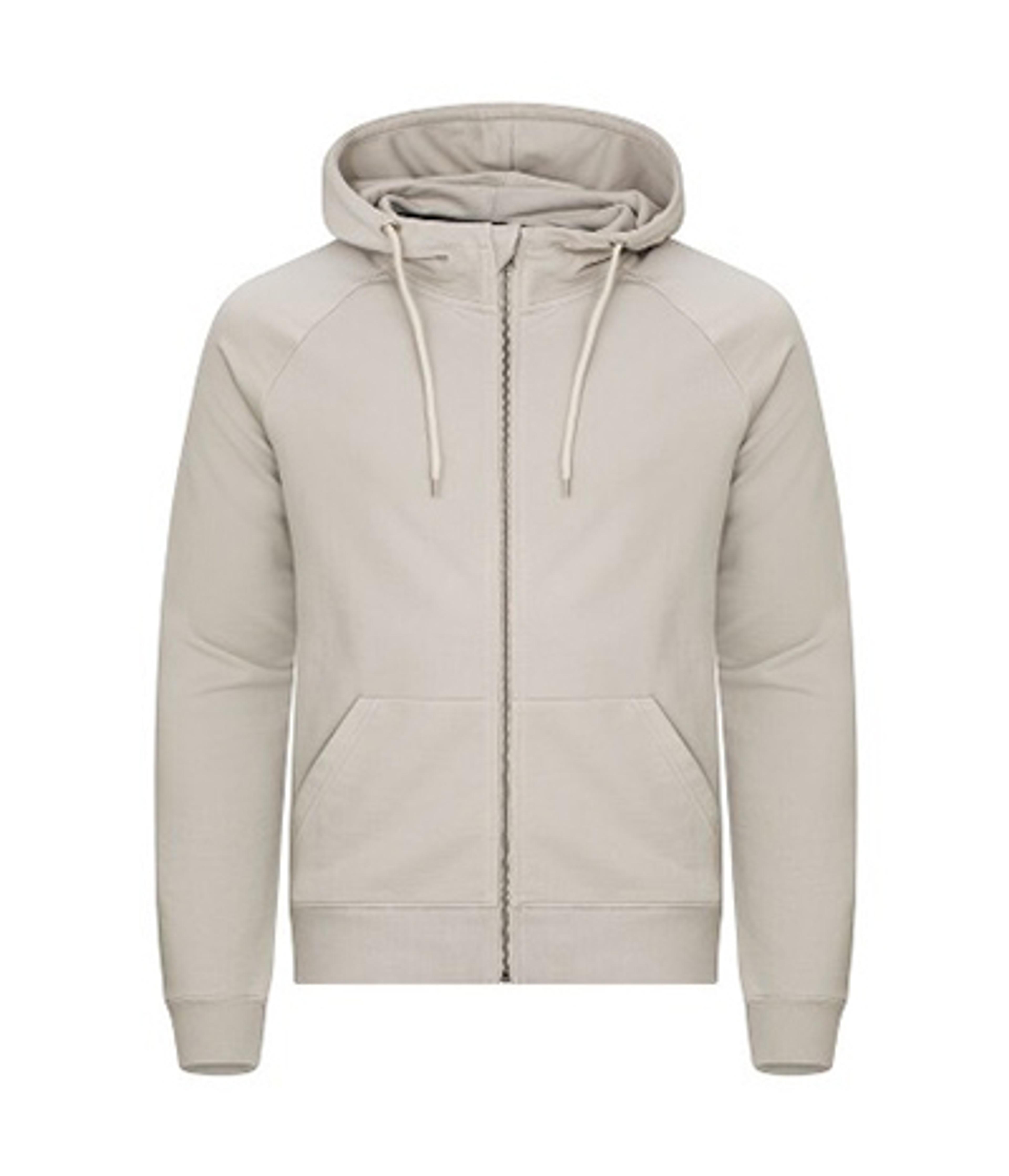 a white hoodie with a zipper and a hood on a white background .