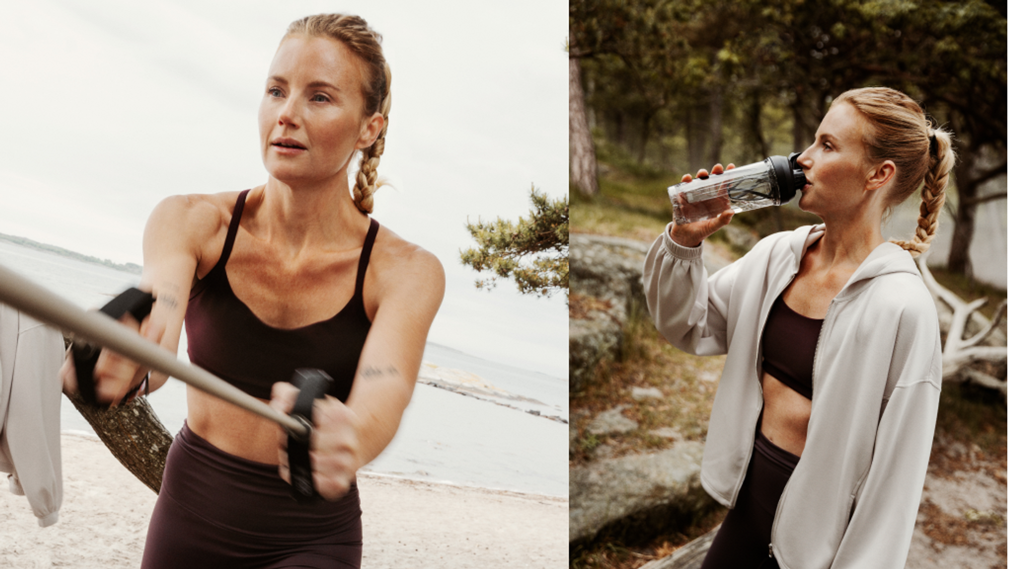 A woman exercising with a resistance band by the water (left) and drinking from a water bottle in a forest (right).