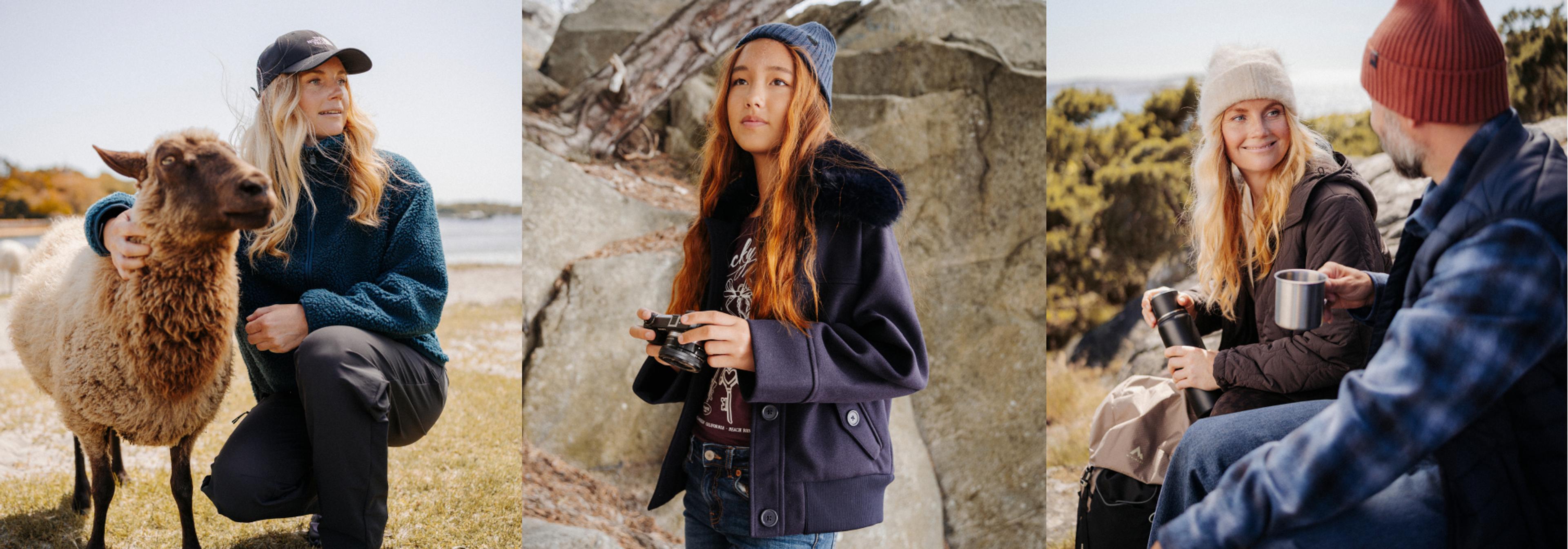 A triptych of people outdoors: a woman petting a sheep, a girl holding a camera, and a couple sharing drinks.