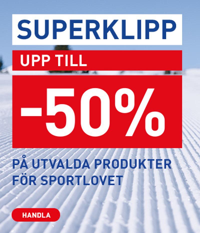 Promotional banner: Up to 50% off selected products for sports holiday, with a "Shop" button on a ski slope background.