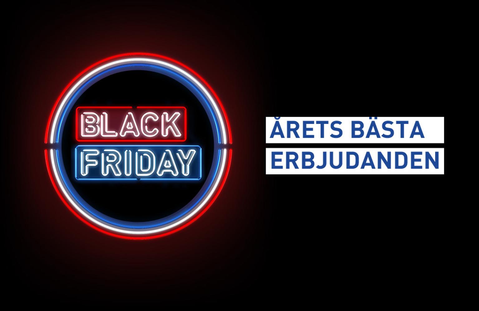 Black Friday neon sign with Swedish text "Årets bästa erbjudanden" (Year's best offers).
