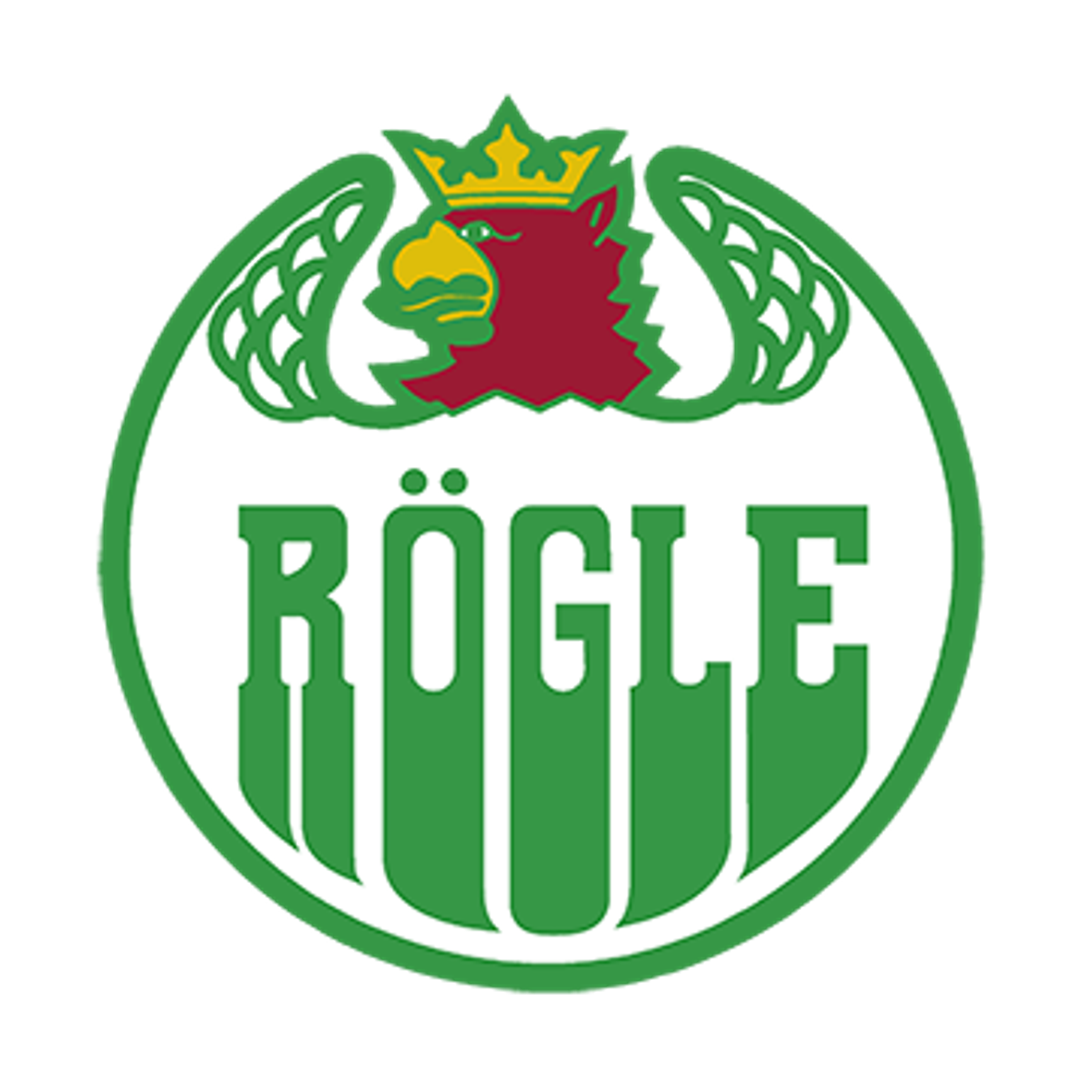 Rögle logo featuring a red griffin with a golden crown and green 'Rögle' text.