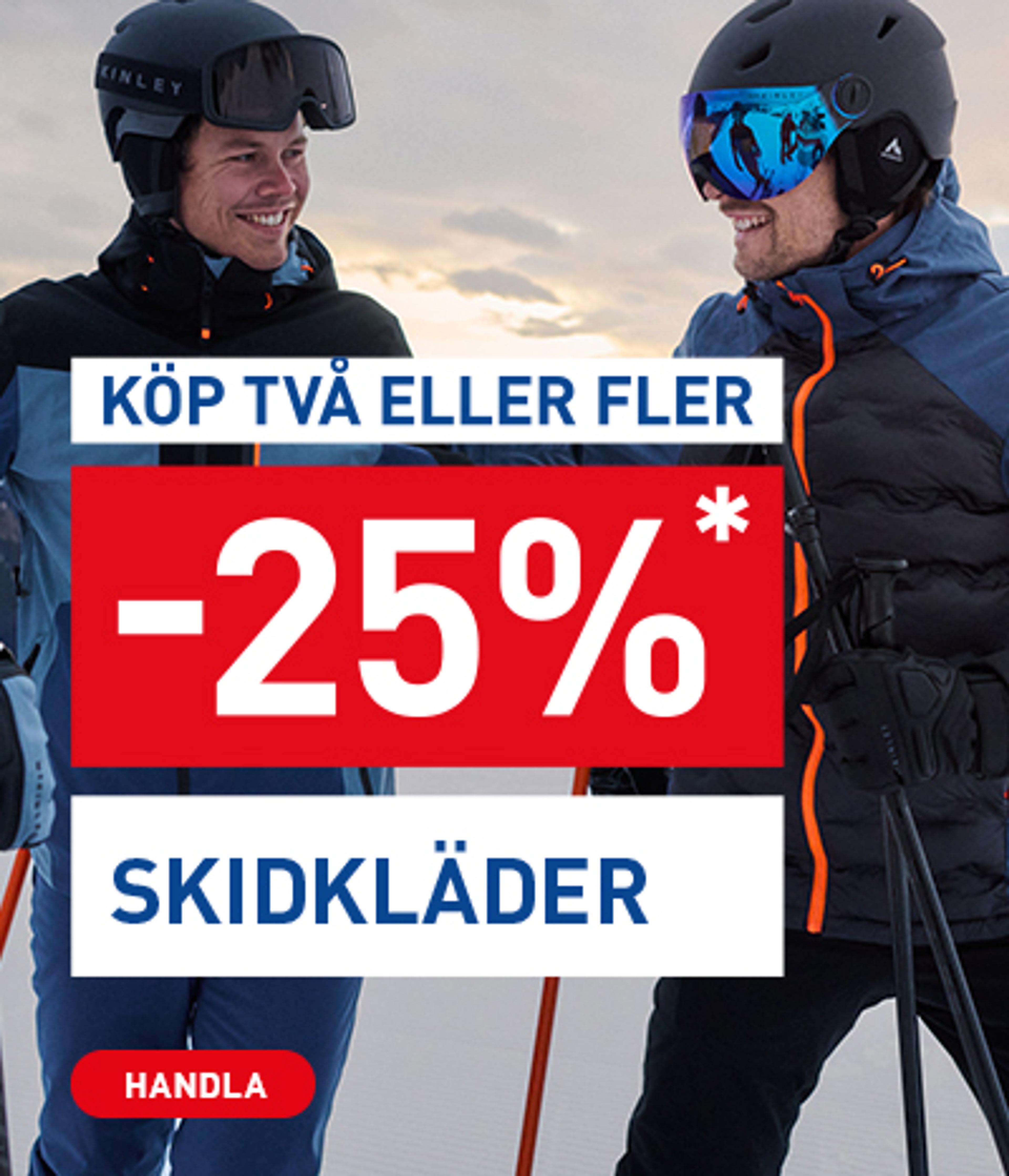 Ad showing two skiers promoting "25% off ski clothes when you buy two or more".