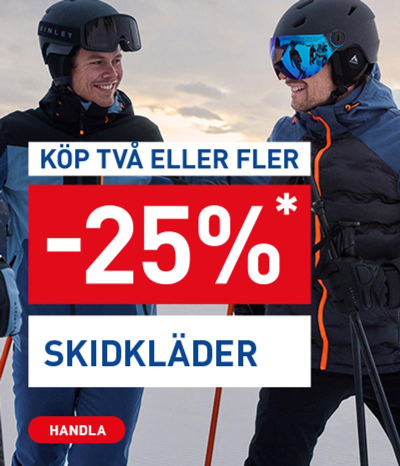 Ad showing two skiers promoting "25% off ski clothes when you buy two or more".
