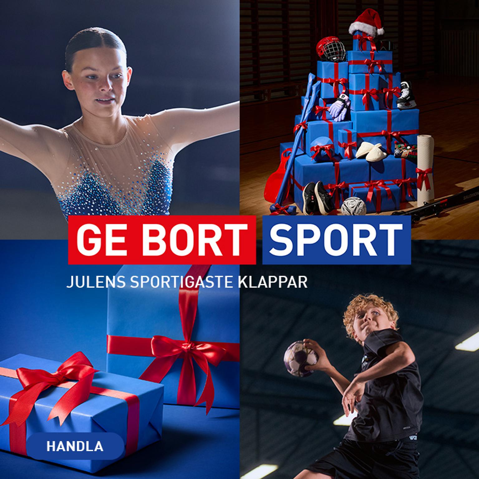 Advertisement for sports gifts showing a figure skater, a boy playing handball, and gift boxes arranged like a Christmas tree, with text "GE BORT SPORT JULENS SPORTIGASTE KLAPPAR".