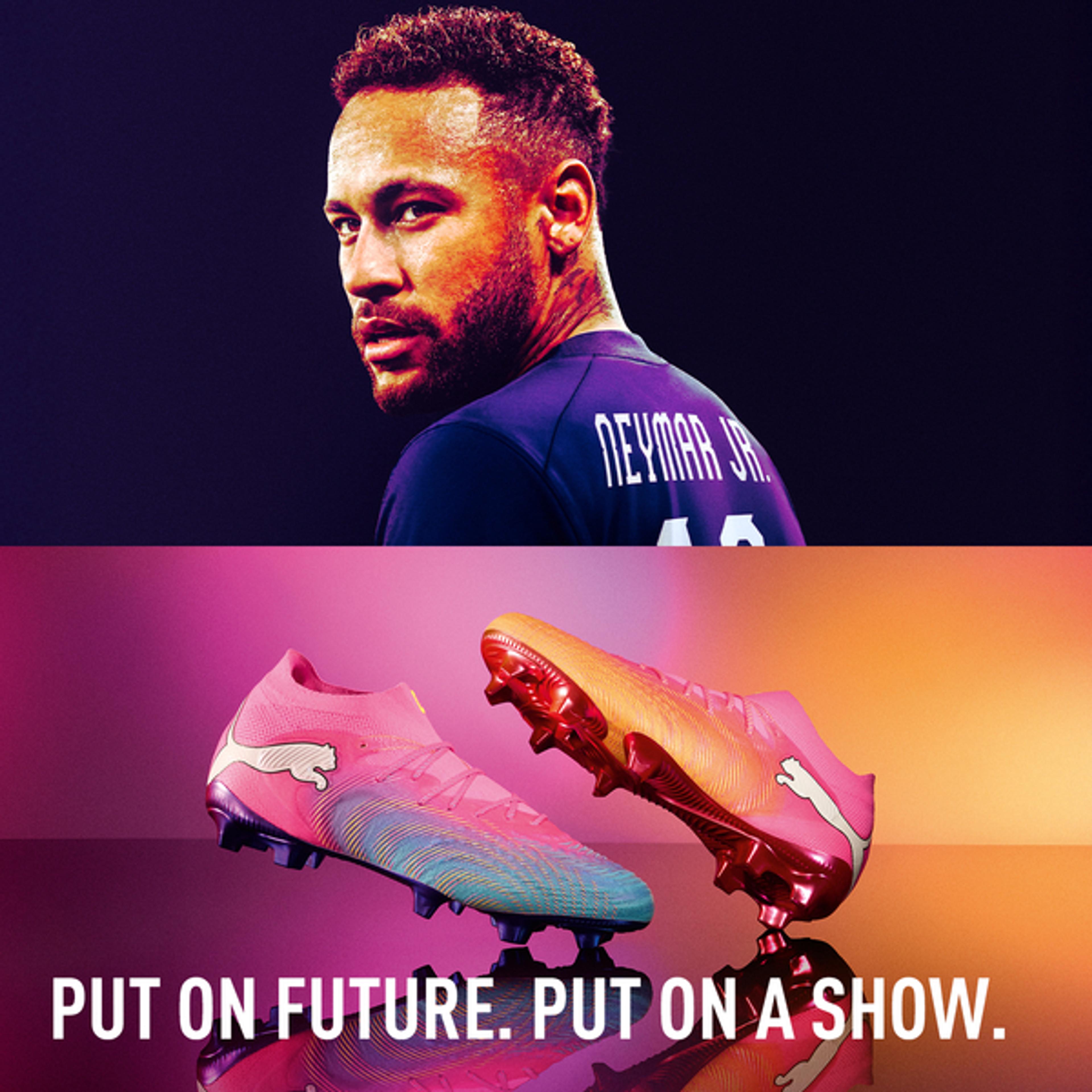 Neymar Jr. in a jersey looks back above two vibrant pink and orange Puma football boots. Text reads: "PUT ON FUTURE. PUT ON A SHOW."