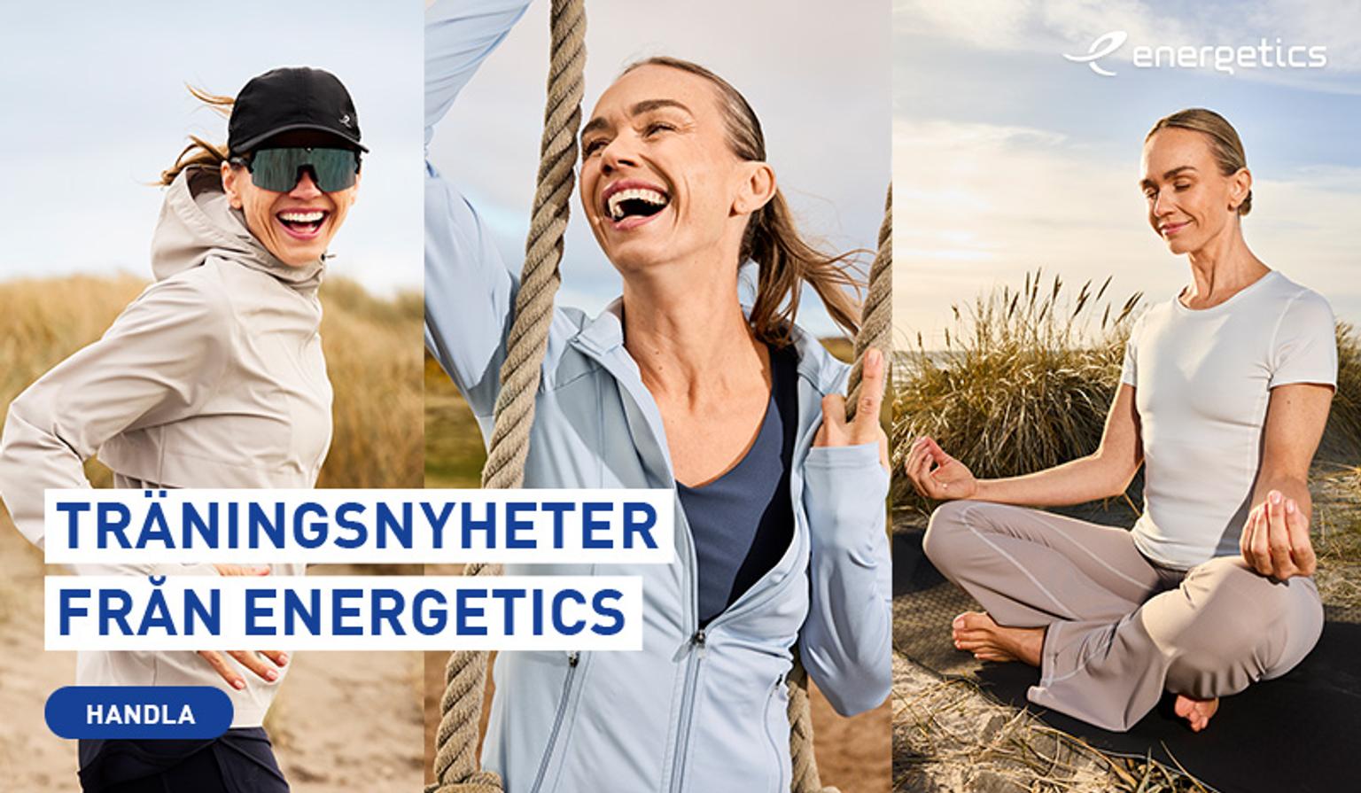 Three women in Energetics activewear, running, playing, and meditating outdoors. Text reads: Training News from Energetics.