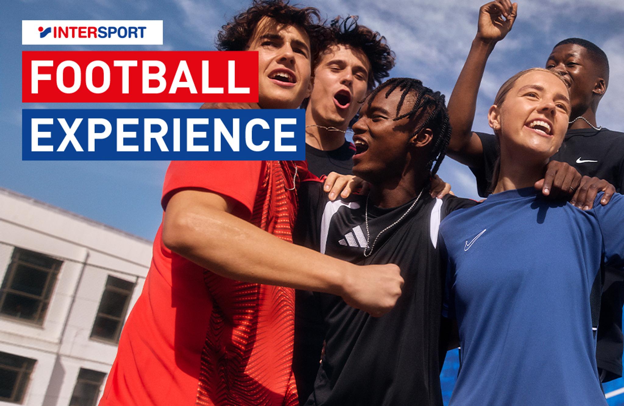 A group of diverse young people in sports gear, laughing and cheering, with the text "INTERSPORT FOOTBALL EXPERIENCE".