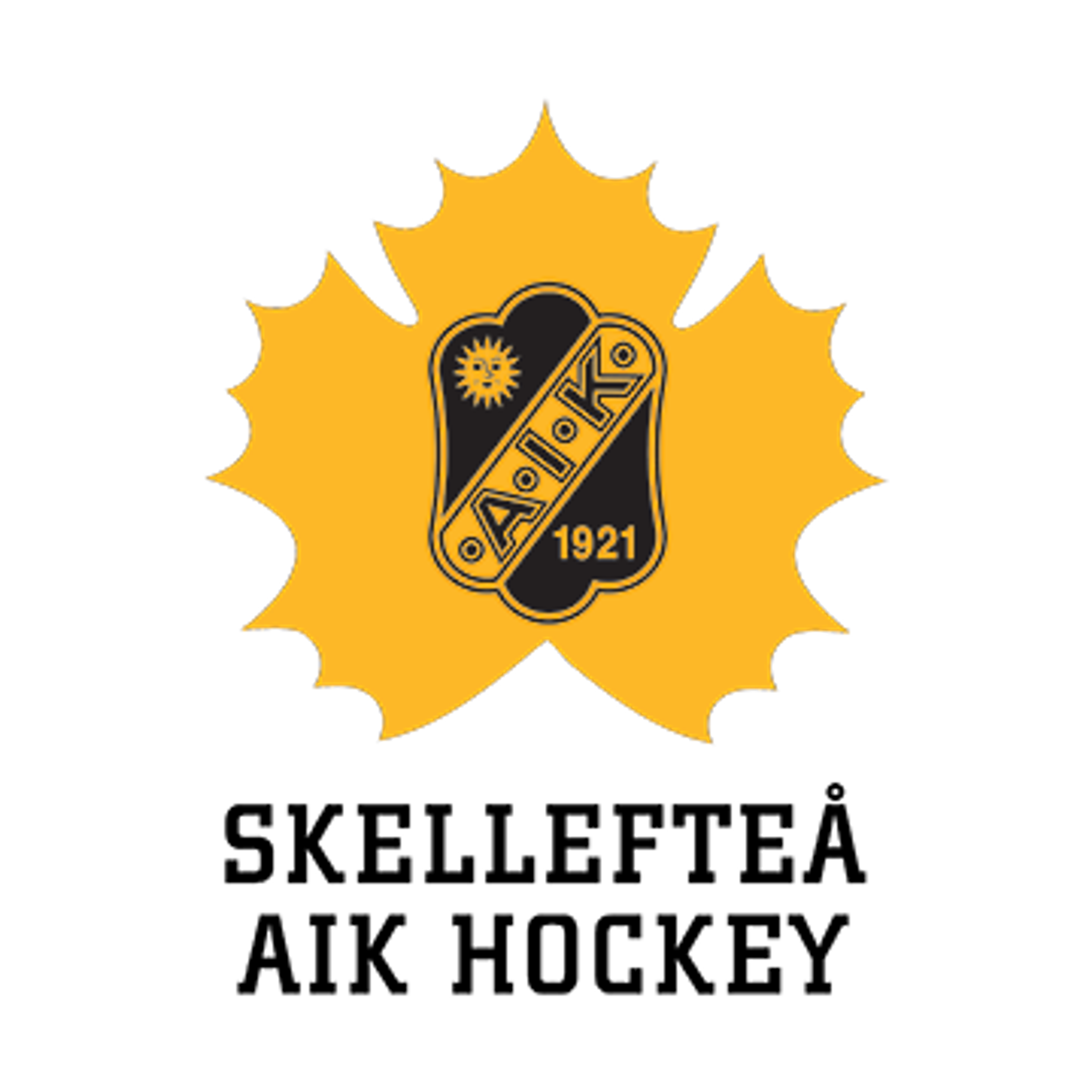 Black and yellow shield logo for AIK football club on a yellow maple leaf.