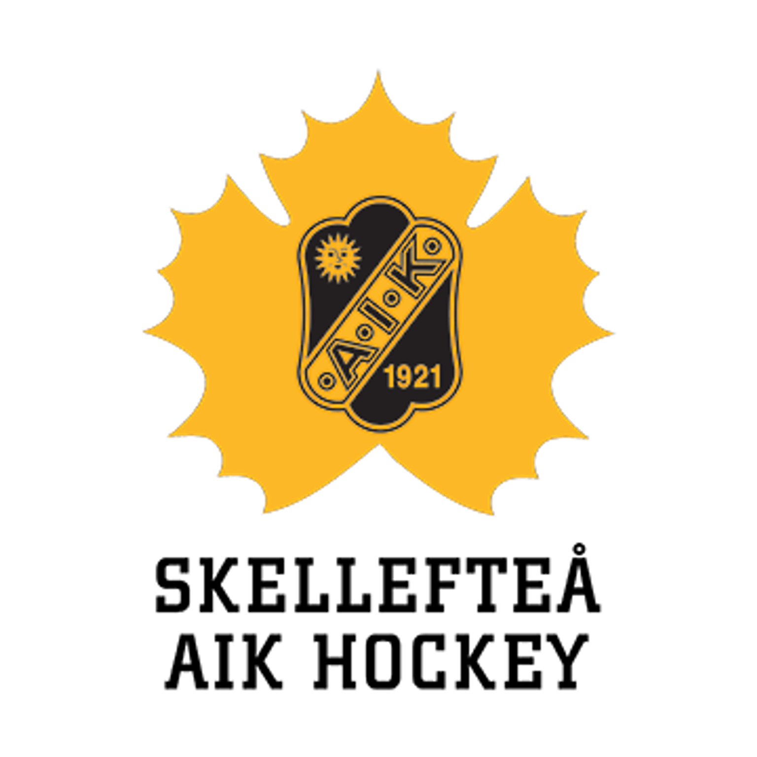 Black and yellow shield logo for AIK football club on a yellow maple leaf.