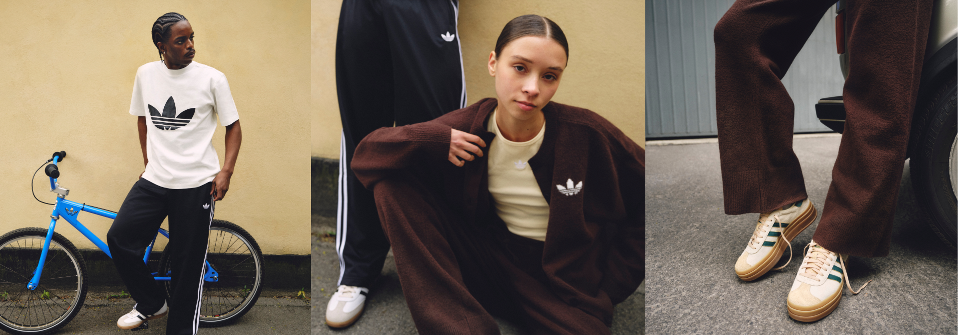 Three images show diverse models wearing Adidas casual clothing and sneakers.