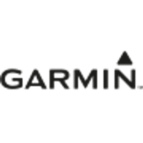 the garmin logo is black and white on a white background .