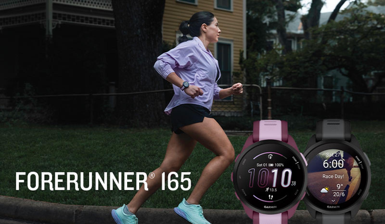 A woman jogs outdoors as two Garmin Forerunner 165 smartwatches in pink and black are displayed, with the text "FORERUNNER® 165".