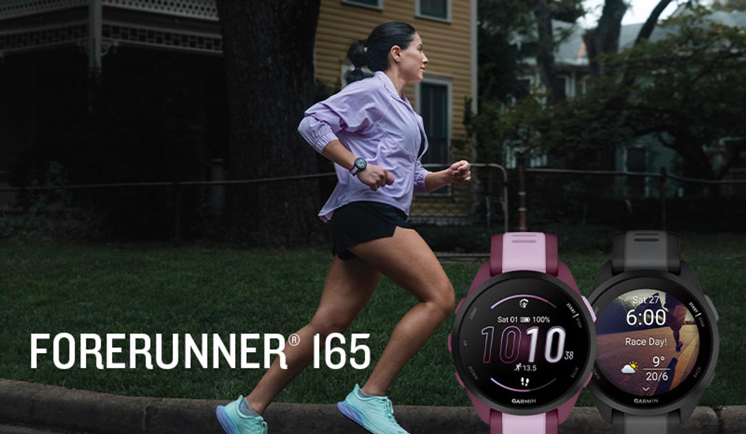 A woman jogs outdoors as two Garmin Forerunner 165 smartwatches in pink and black are displayed, with the text "FORERUNNER® 165".