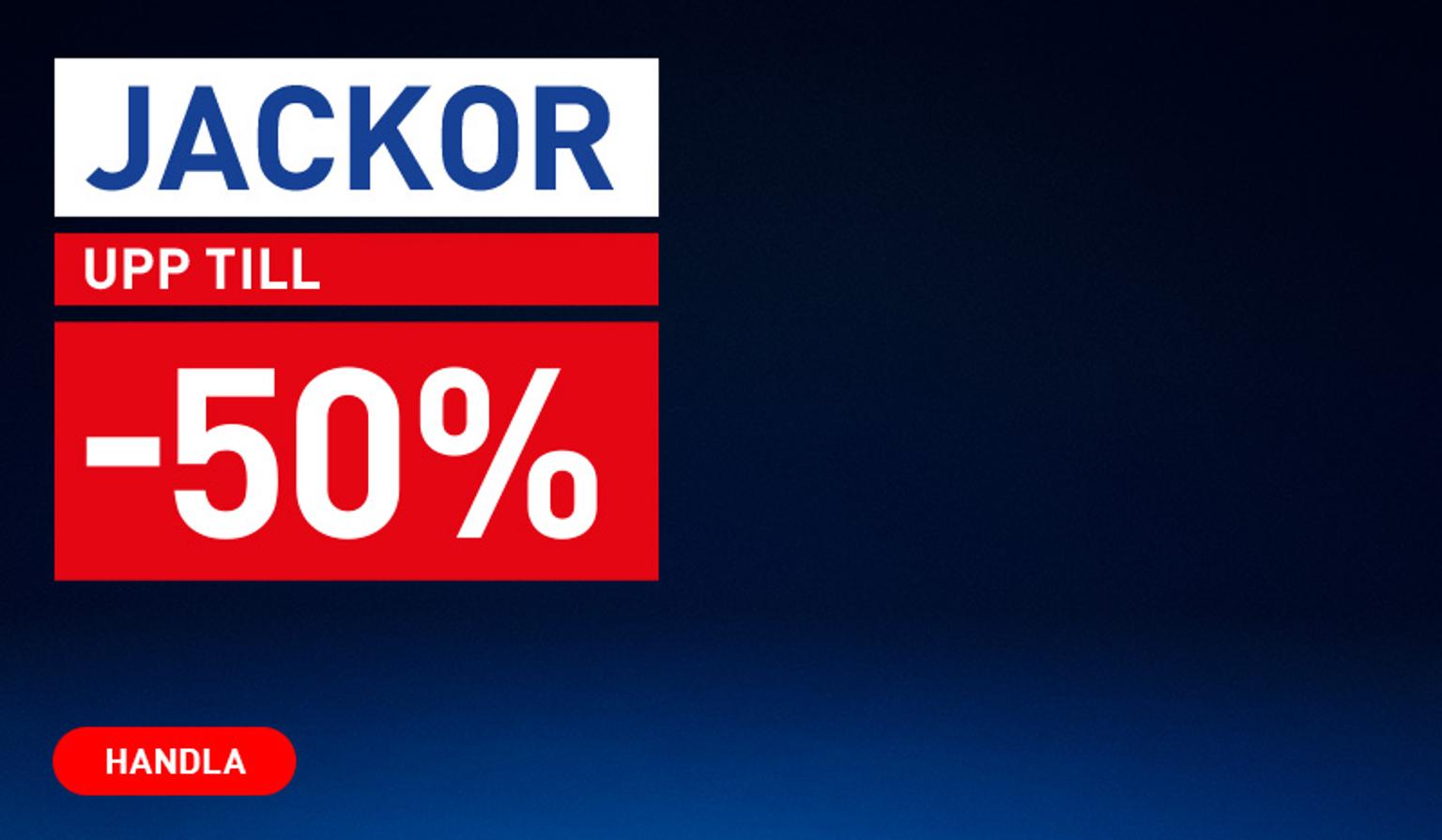 Sale banner: "Jackets up to 50% off" with a "Shop" button.