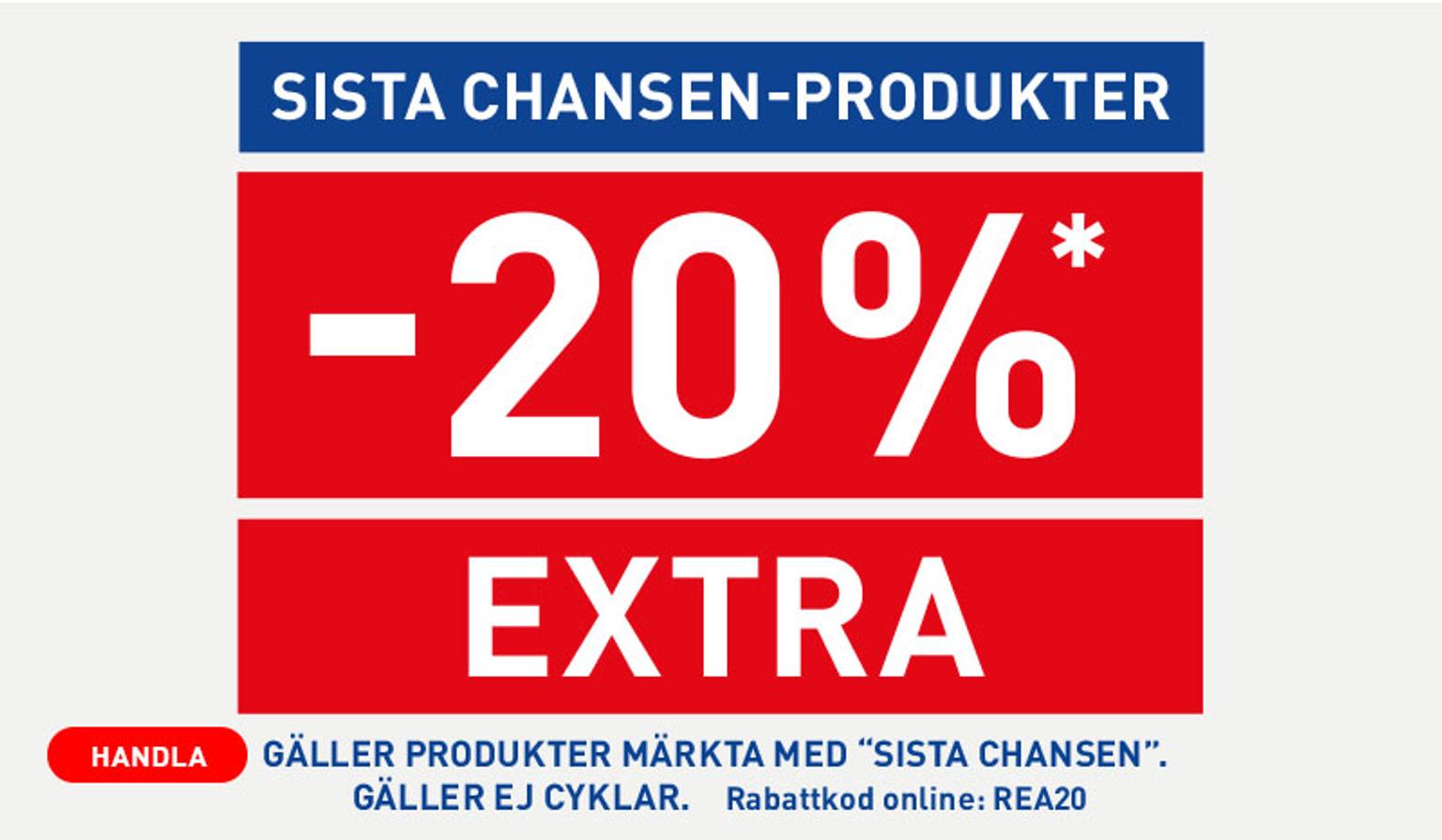 a red and blue sign that says -20 % extra