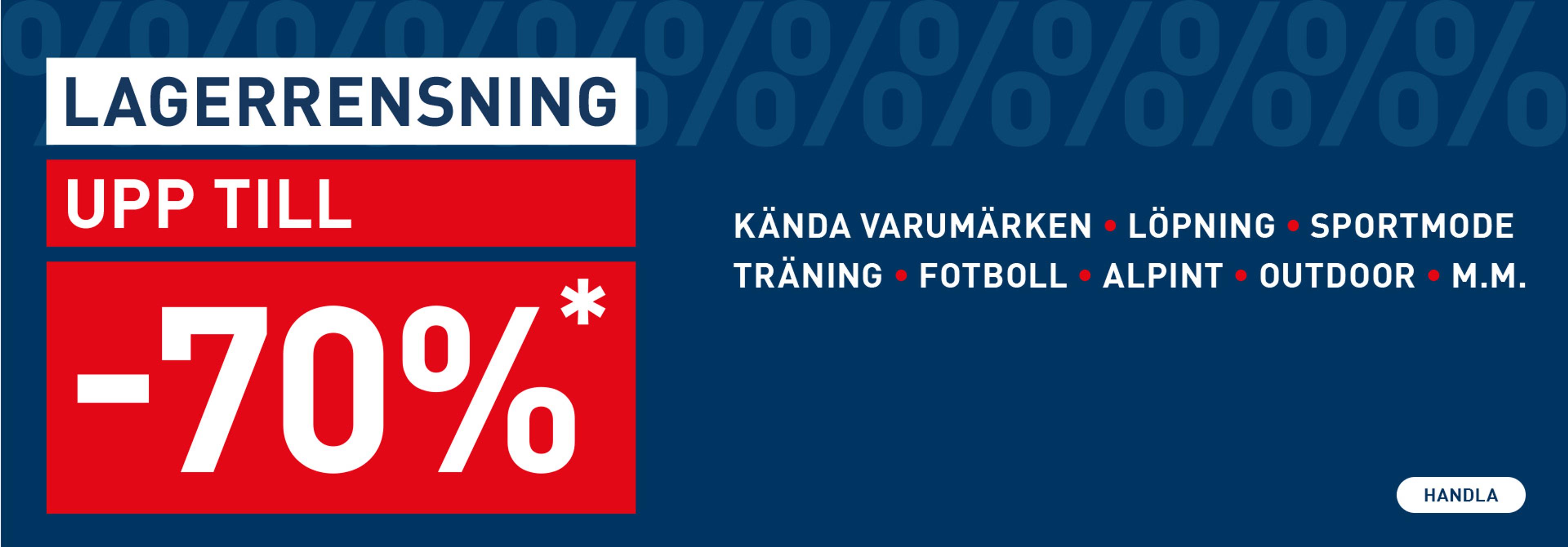 Warehouse clearance banner offering up to 70% off on known sports brands and categories like running, training, and outdoor. Shop now.