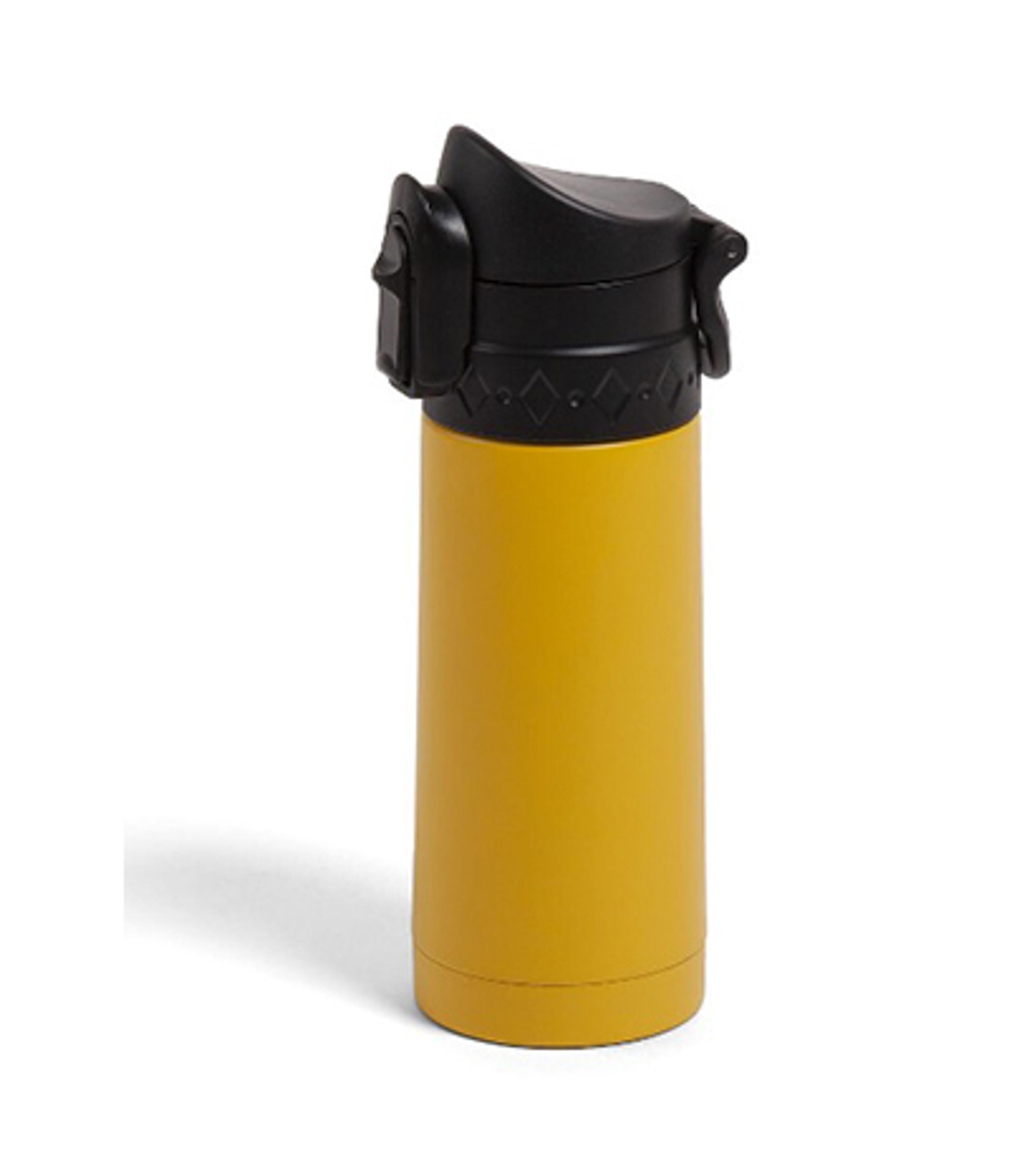 a yellow stainless steel travel mug with a black lid on a white background .