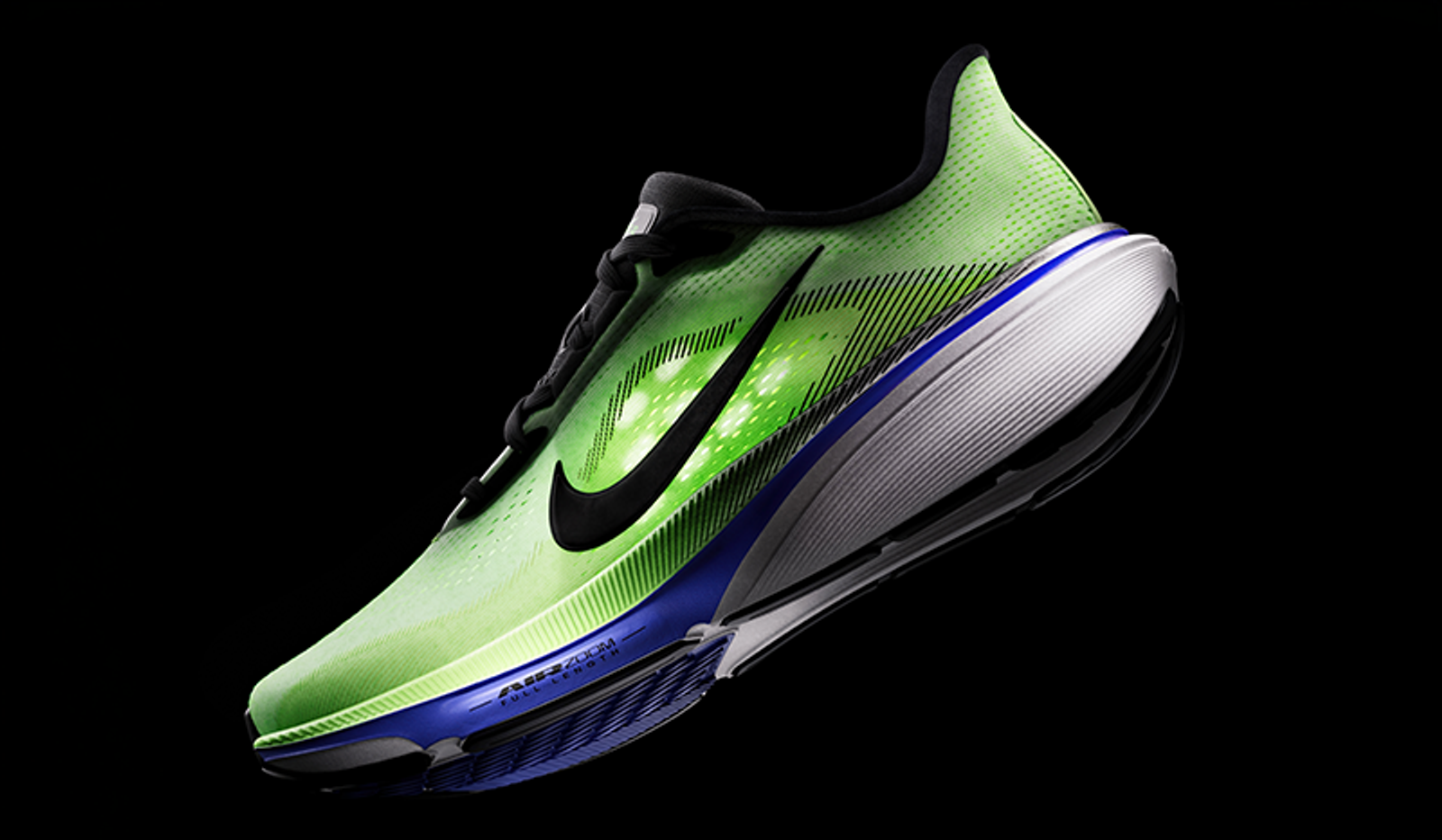 Neon green Nike running shoe with black and blue details on a black background.