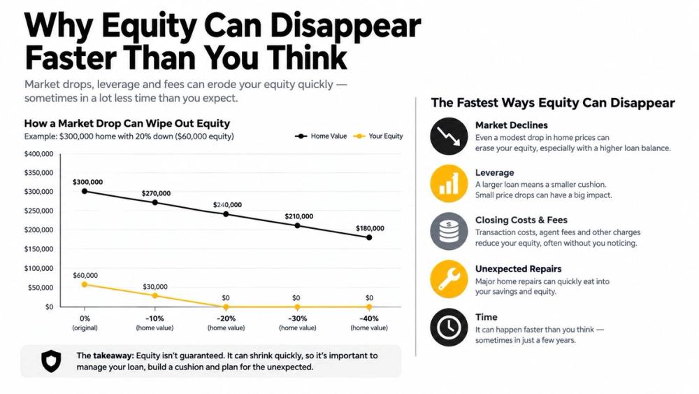 A chart illustrating how market declines, leverage, and fees can rapidly erode homeowner equity in property