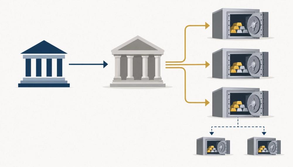 Diagram linking an ETF sponsor to a custodian, vaults, and possible sub-custodians