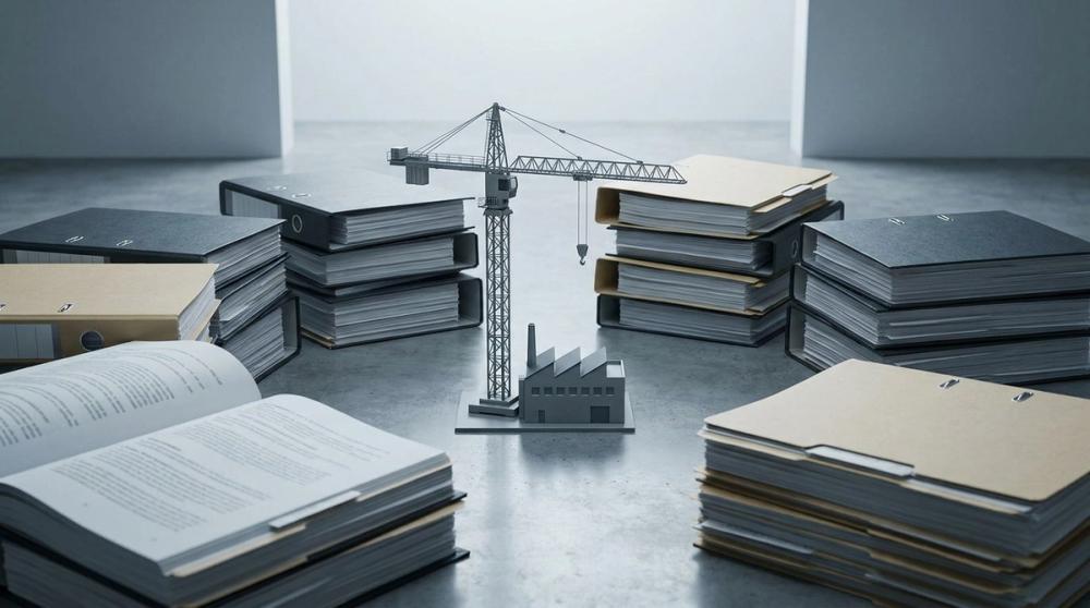 Stacks of regulations surrounding industry symbolizing compliance costs and reduced productivity