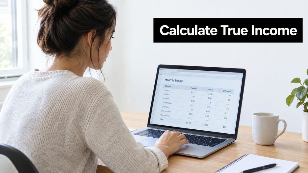 A woman working on a laptop at a desk while viewing a monthly budget spreadsheet.