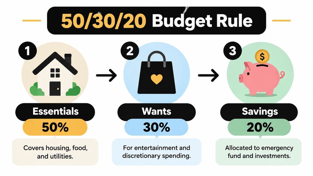 An infographic explaining the 50/30/20 budget rule for allocating income into essentials, wants, and savings categories.