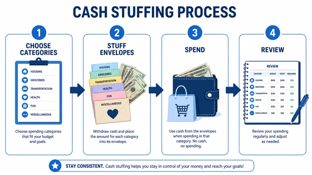 Steps to implement cash stuffing successfully numbered process illustration