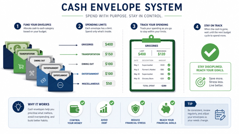 Benefits of cash stuffing visual spending limits and awareness building illustration