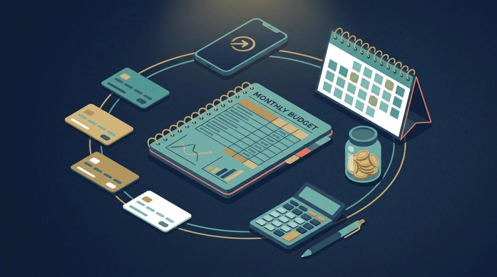 Debt payoff plan with budget, automated minimum payments, emergency fund, and debt repayment tracking.