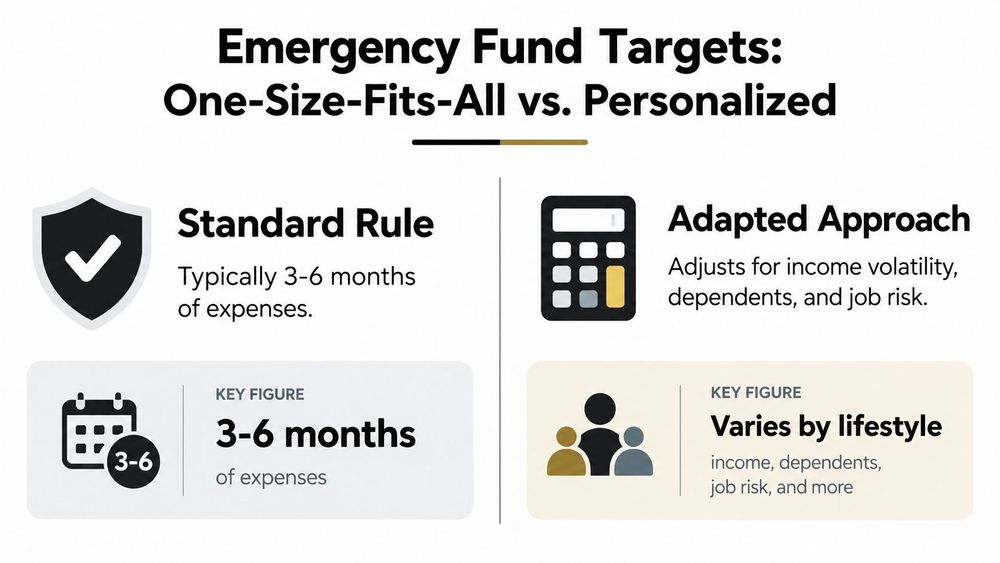 An infographic comparing a standard 3-6 month emergency fund rule with a personalized approach based on lifestyle.