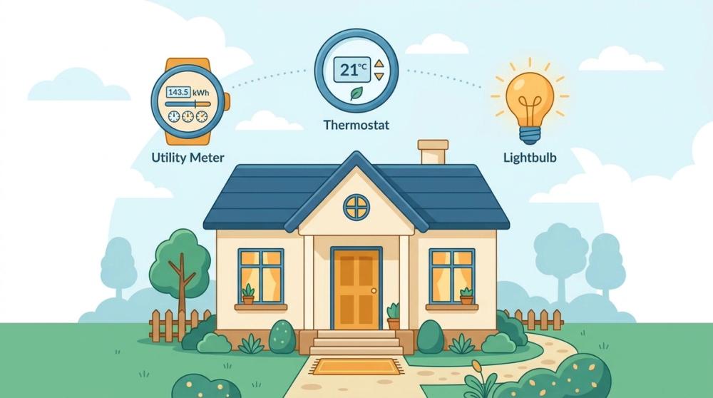 Illustration of a home with energy-saving icons representing ways to reduce monthly bills