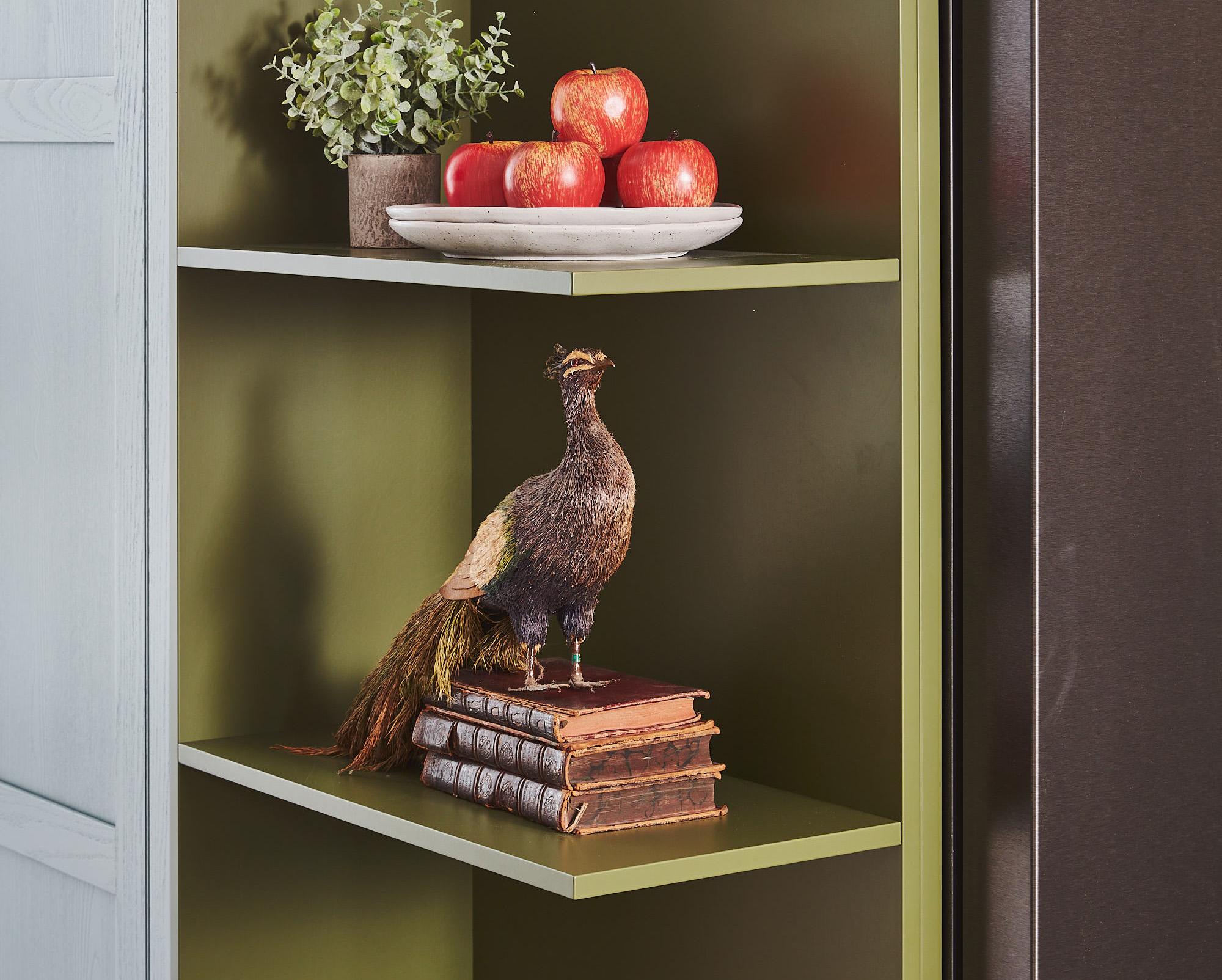 A green shelf holds three stacked vintage books with a decorative bird figurine perched on top. Above, a bowl filled with red apples is next to a small potted plant.
