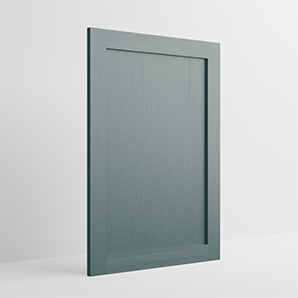 A standing, rectangular, wooden frame with a recessed panel, painted in a muted greenish-gray color, set against a light neutral background.