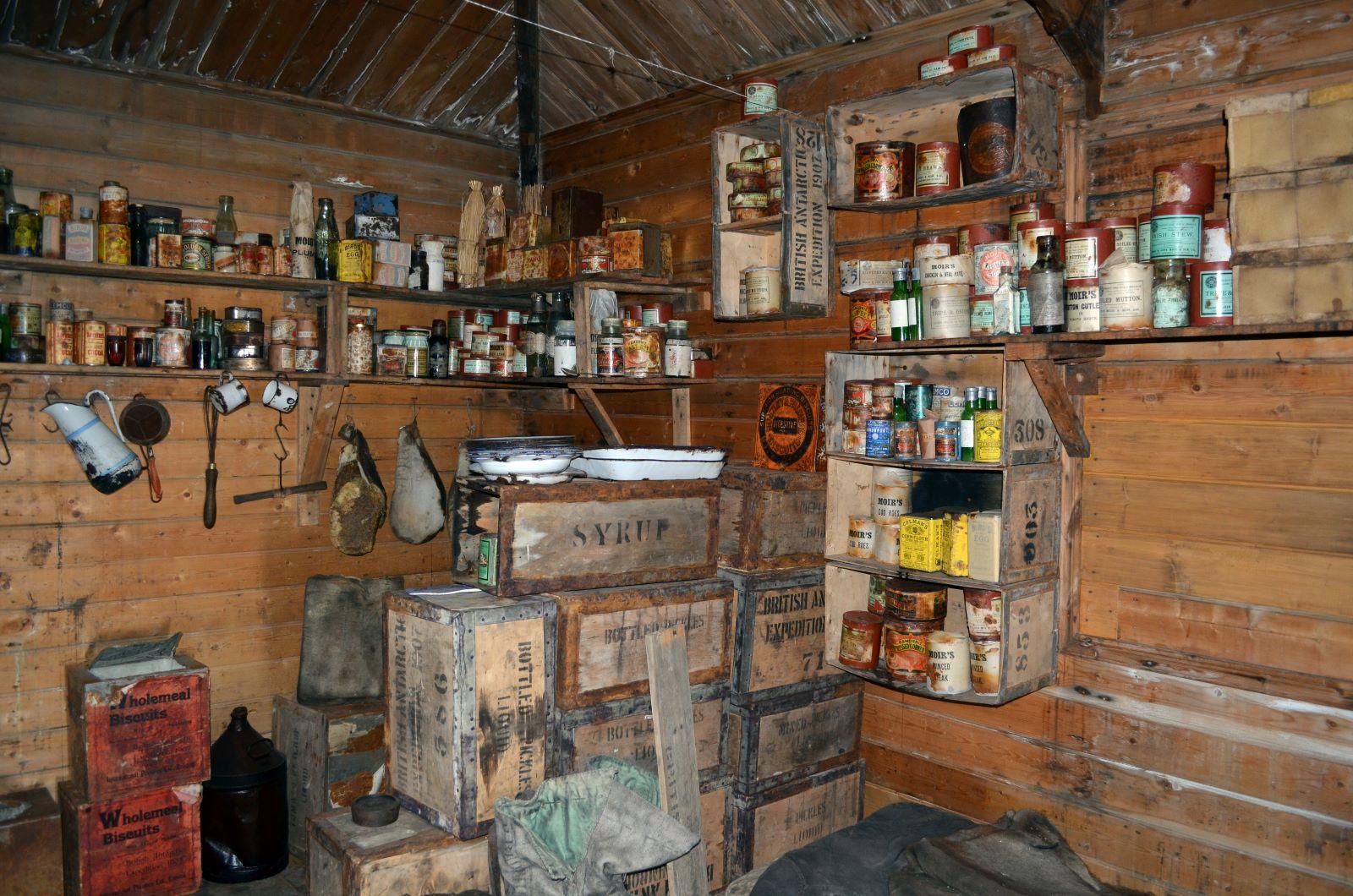 Storage shelves and compartments within Ernest Shackleton's Antarctic kitchen,