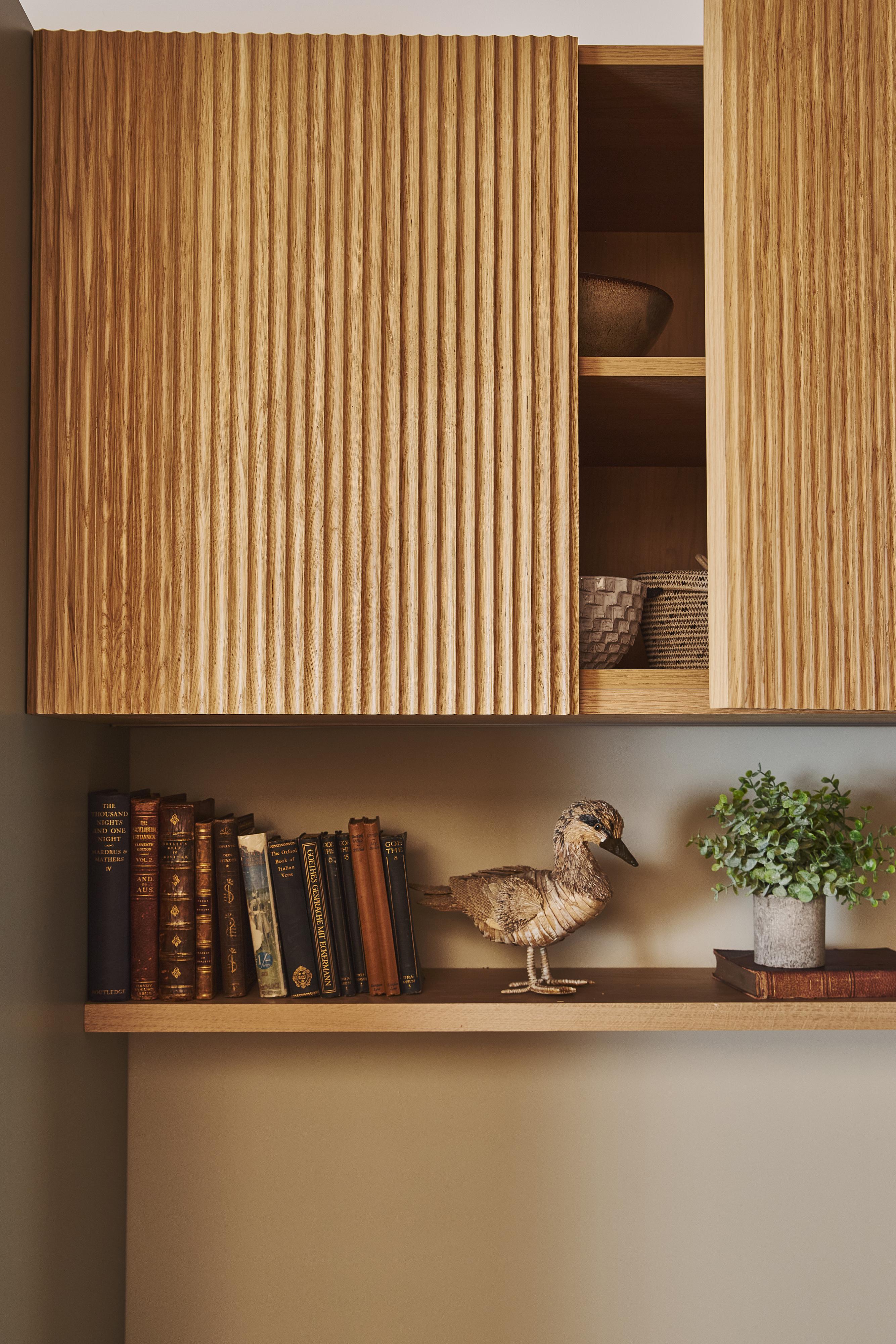 A close-up of Scalloped Oak finish cabinet