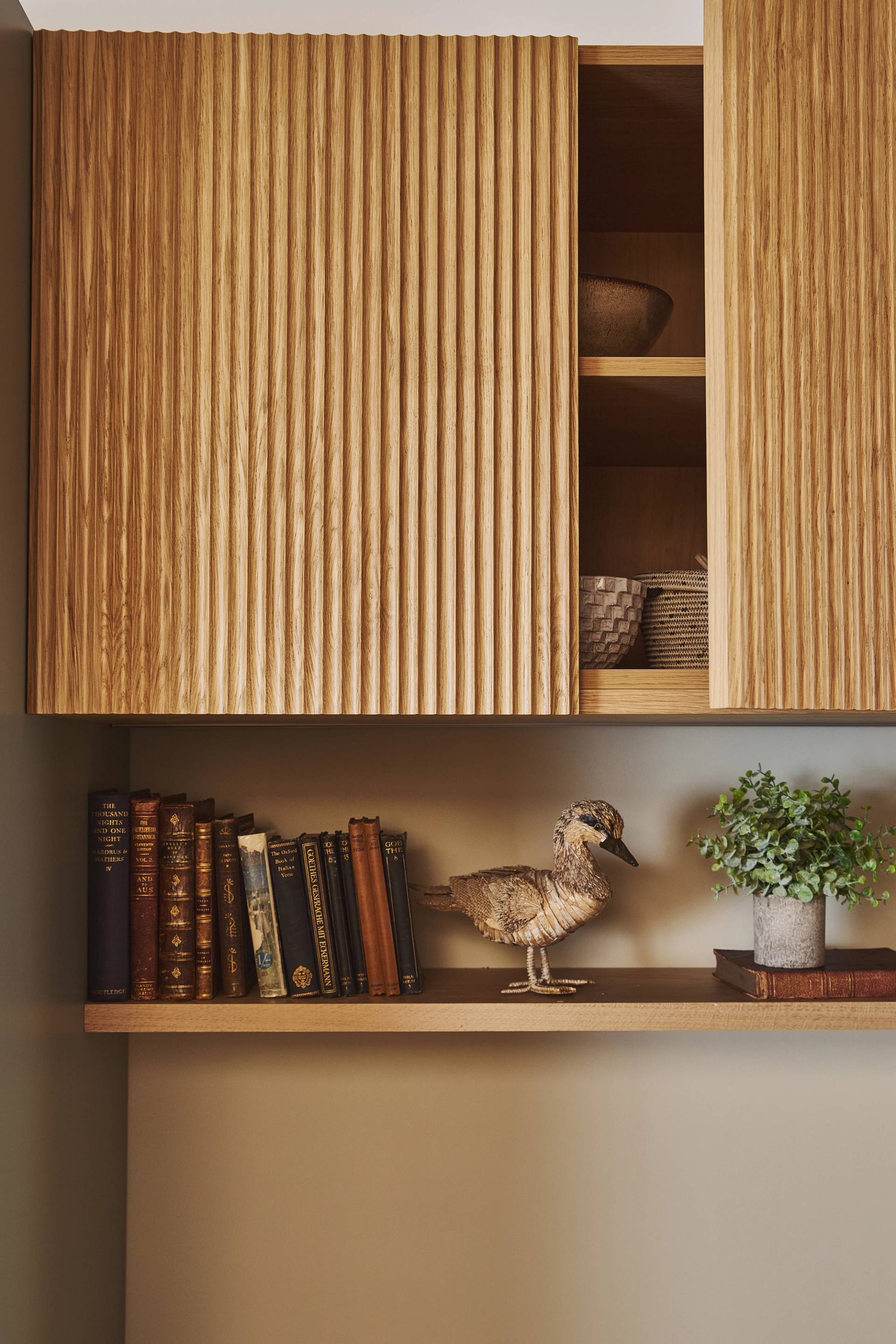A close-up of Scalloped Oak finish cabinet