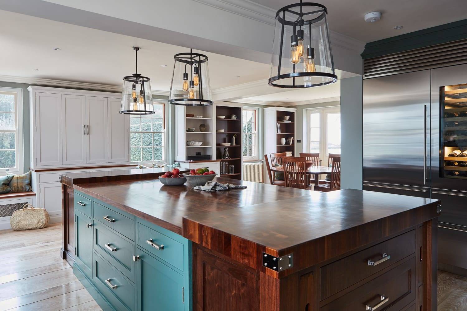 walnut and green shaker kitchen