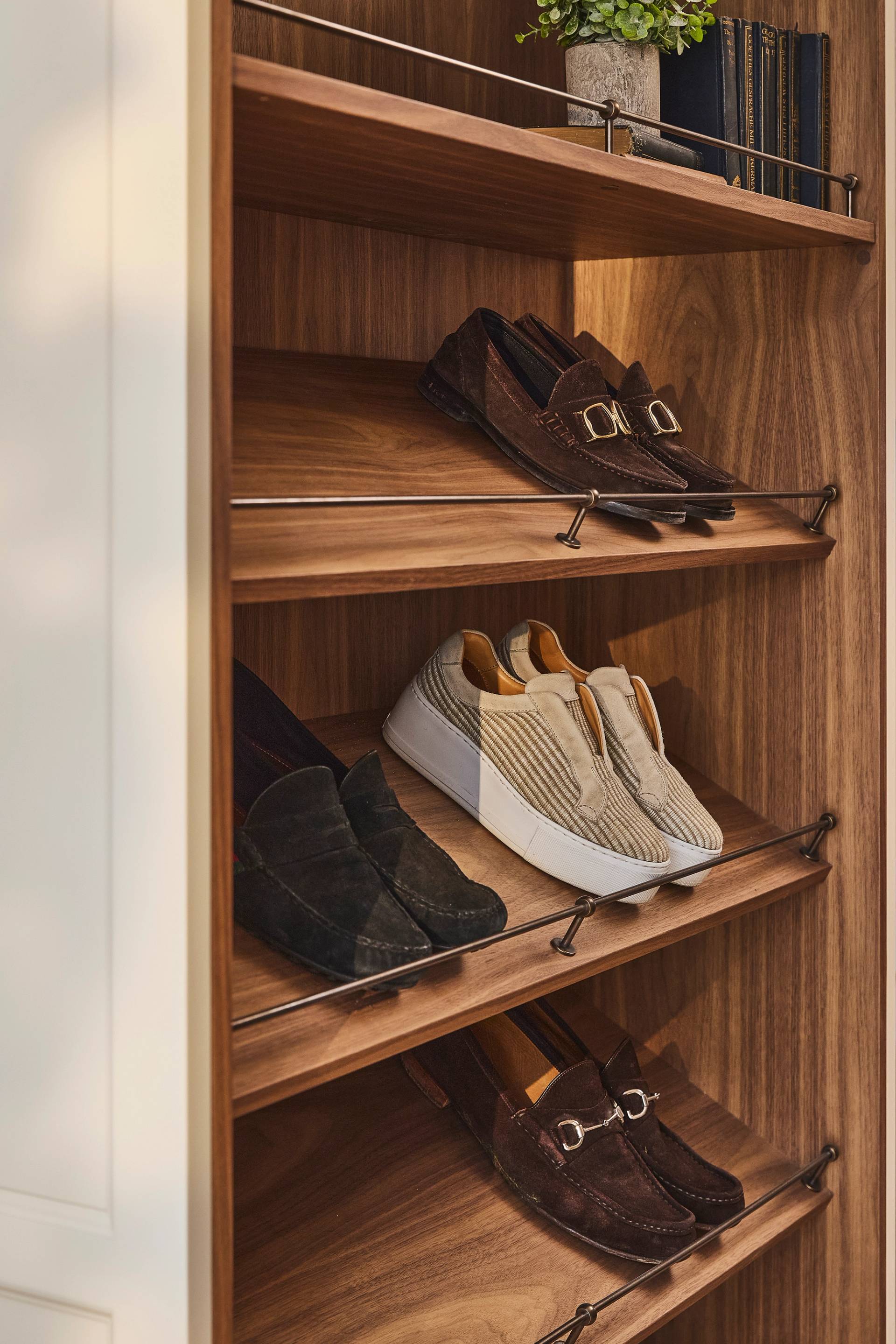 A close-up of a Custom shoe racks,