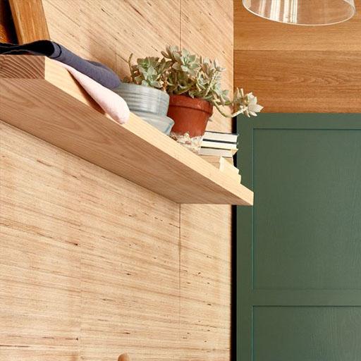 A wooden floating shelf with a potted succulent, books, and folded fabrics on a light wood-paneled wall; a green door is partially visible on the right.