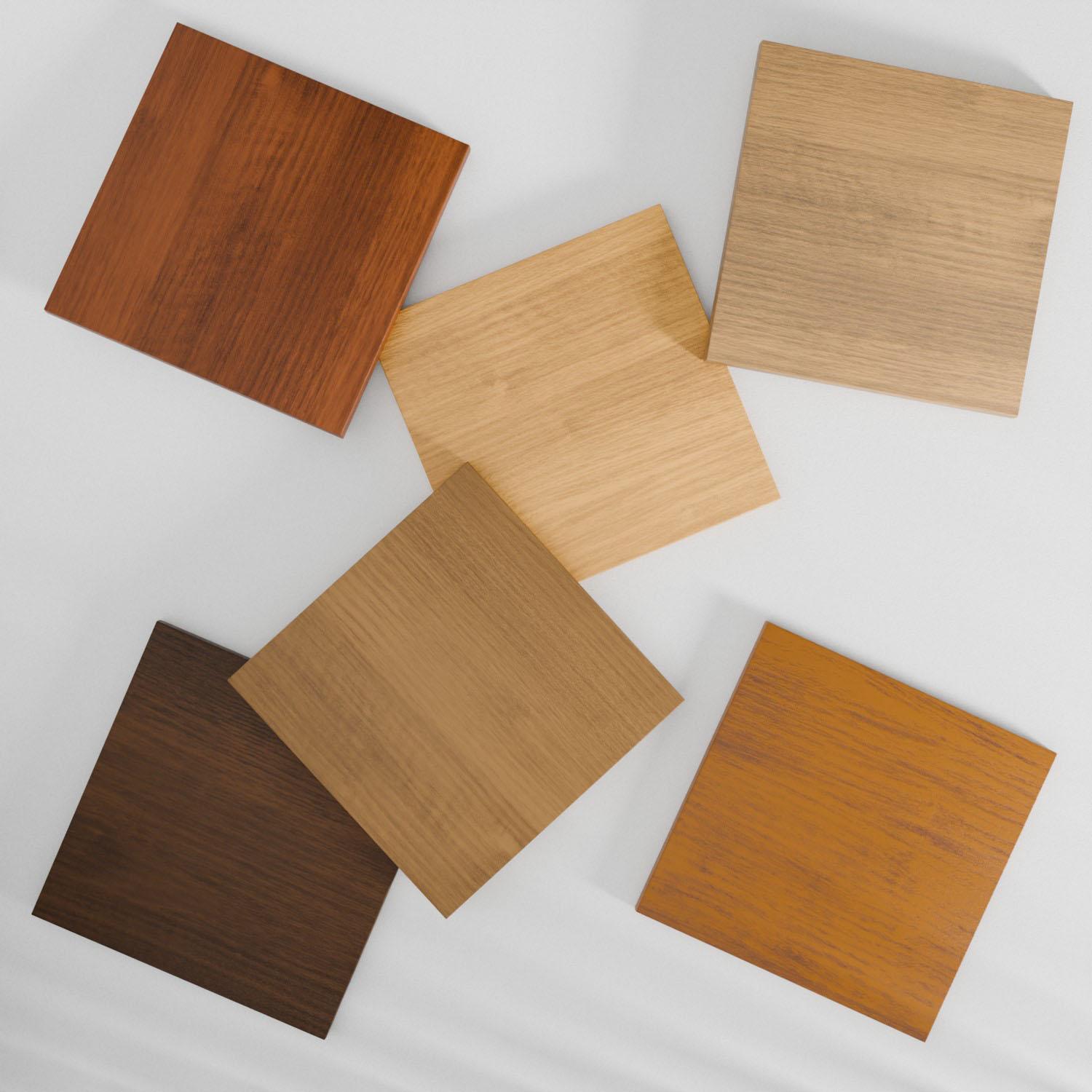 oak finish sample squares scattered over white backdrop