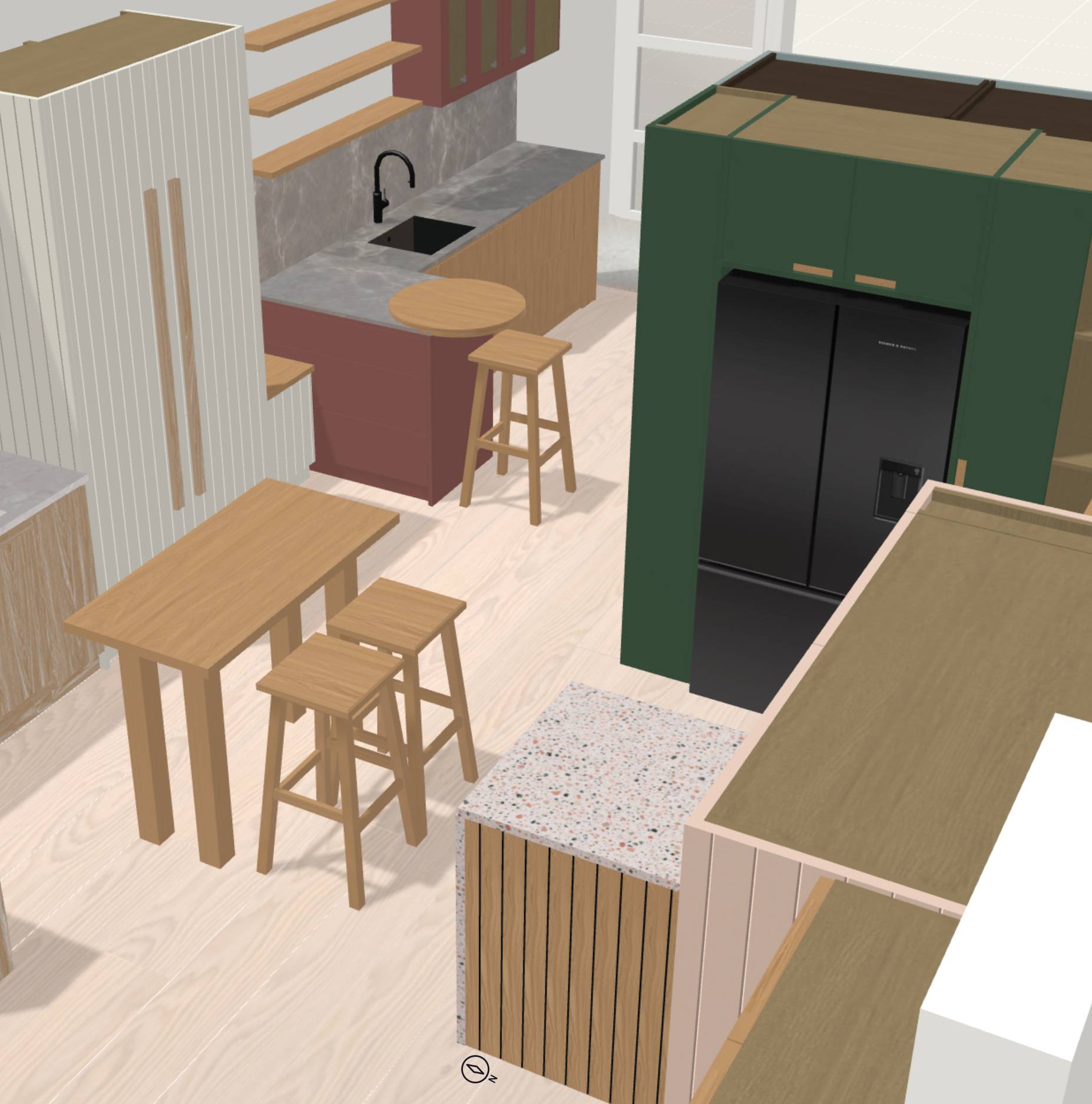 A 3D rendering of a modern kitchen with a mix of wood and green cabinetry. Features include a center island with bar stools, black refrigerator, marble countertops, and multiple sinks. Light wooden flooring completes the look.