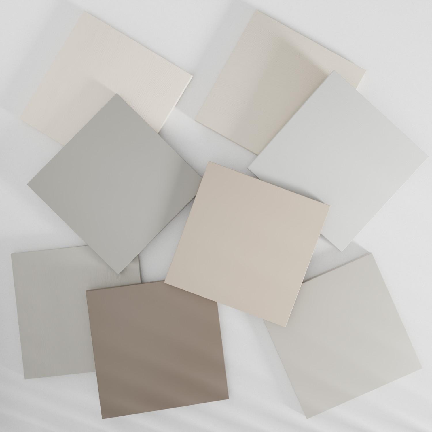 Eight square tiles in various shades of beige and cream are arranged in a slightly overlapping pattern on a light background. The tiles have subtle color and texture variations.