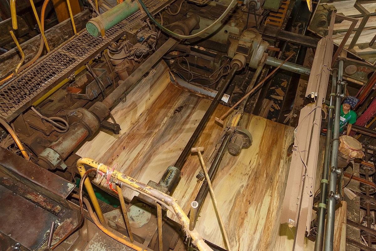 High-angle view of industrial sawmill machinery processing thin sheets of wood veneer during manufacturing.