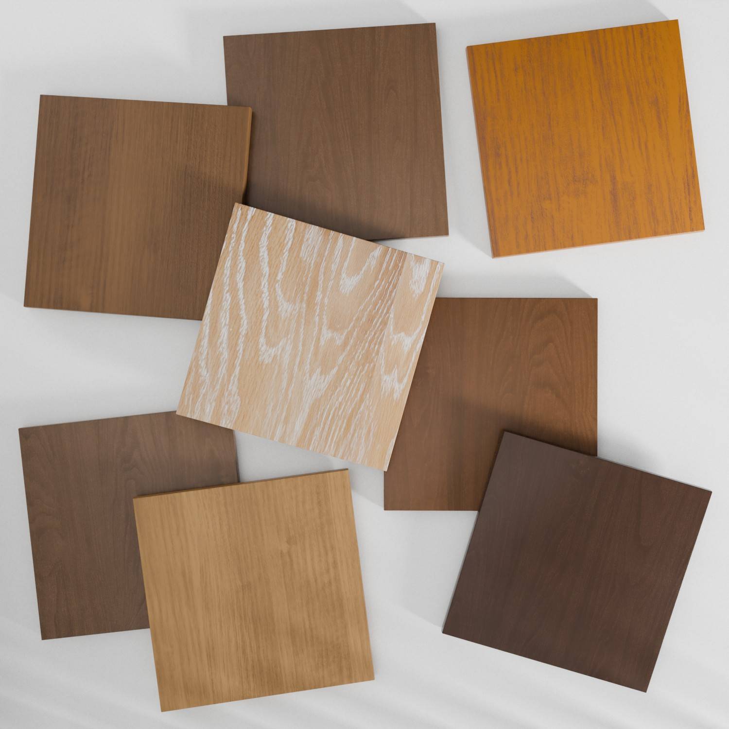 Eight square wooden samples arranged in an overlapping pattern on a light surface. The samples vary in shades, featuring tones from light tan to dark brown, showcasing wood grain patterns.