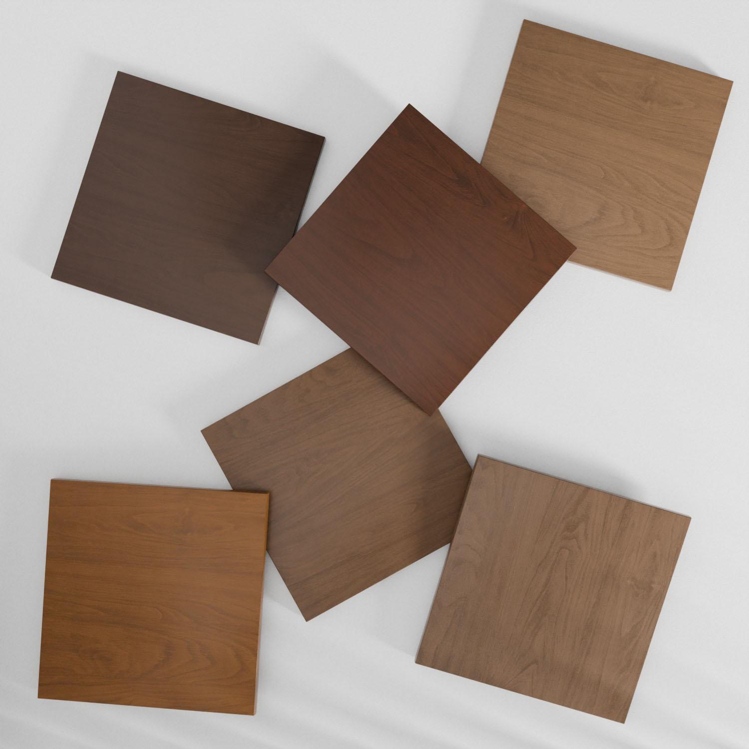 walnut finish sample squares scattered over white backdrop