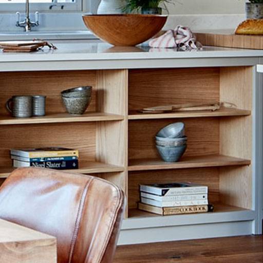 A kitchen island with open wooden shelves holding ceramic bowls, cups, a wooden tray, and stacked books. A countertop above displays a large wooden bowl, a loaf of bread, and a folded cloth near a window.
