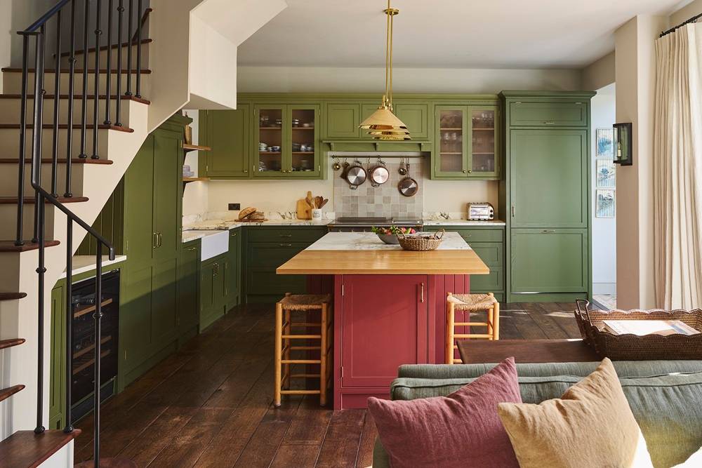 two tone green kitchen